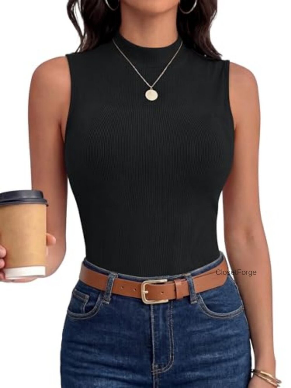 Mock Neck Ribbed Tank Top Slim Fit Sleeveless Women's Top
